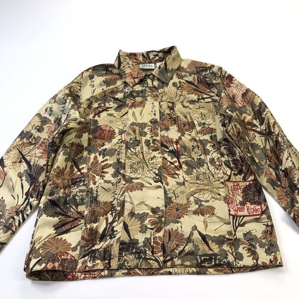 Chico's Design 1 Silk Rayon Button Long Sleeve Shirt All Over Print Floral Brown